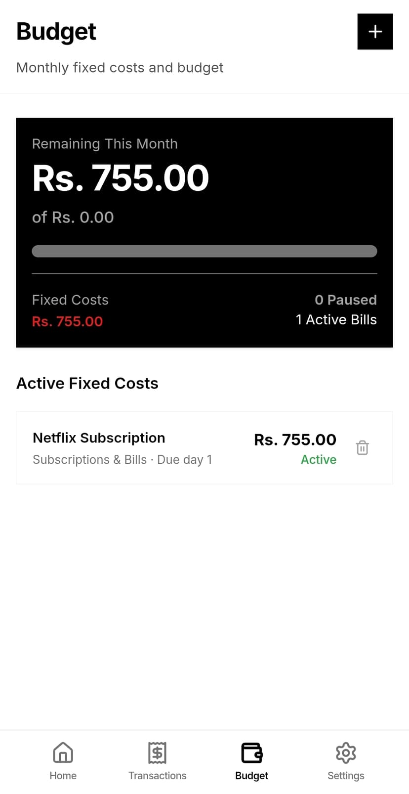 Budget management screen with fixed costs and remaining balance